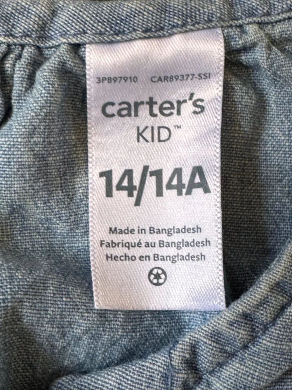 A08102602 Carters Girls Button Front Long Sleeve Denim Shirt